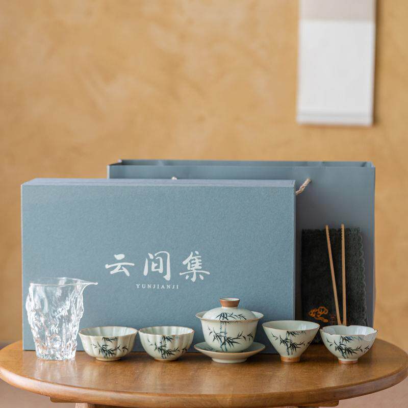 手绘竹子盖碗茶具套装家用泡茶碗陶瓷整套送礼茶杯高档