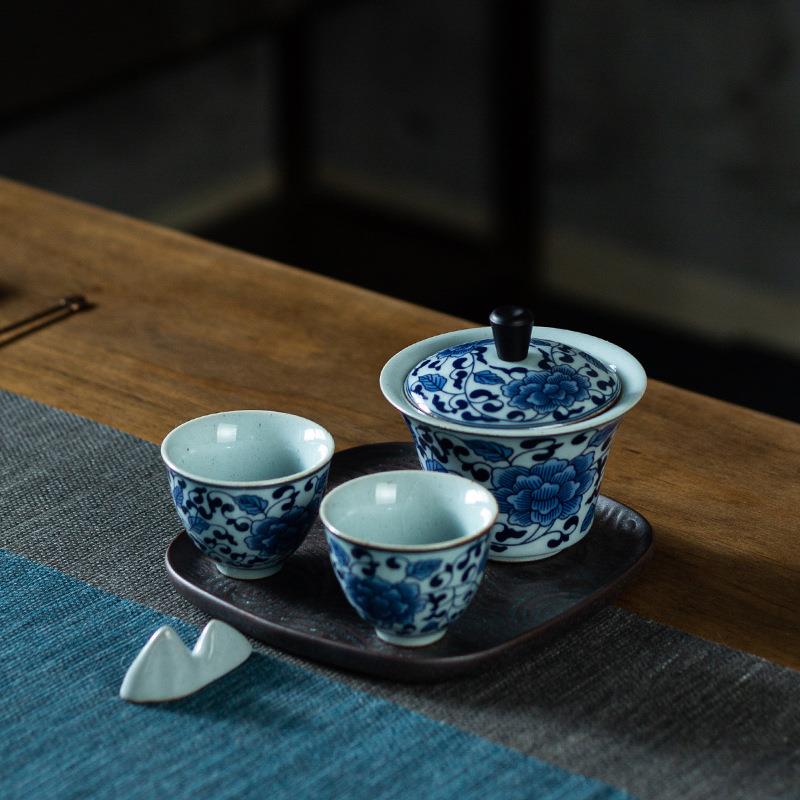 禅之莲盖碗茶杯5件套组青花陶瓷茶具办公家用简约干泡功夫小套装