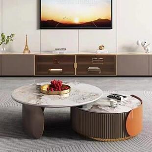轻奢岩板茶几电视柜组合简约现代小户型客厅家用伸缩大小圆形茶几