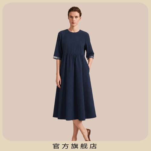 KLOVA夏季藏青格纹泡泡纱连衣裙