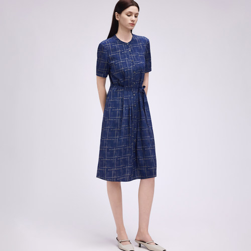 【KLOVA】夏季女经典青黛蓝色定位像素格纹A版连衣裙LI6089(AUN)