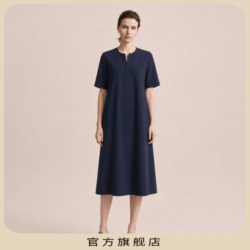 夏季女藏蓝小圆领茧型连衣裙
