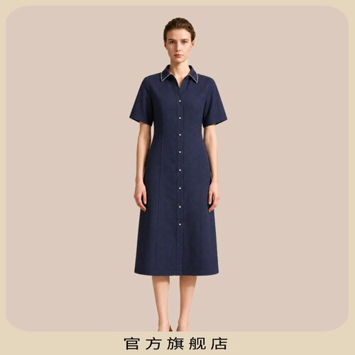 KLOVA夏季花青蓝格翻领连衣裙