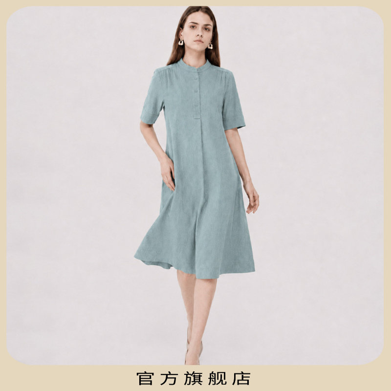 柯罗芭夏季天青亚麻A型连衣裙
