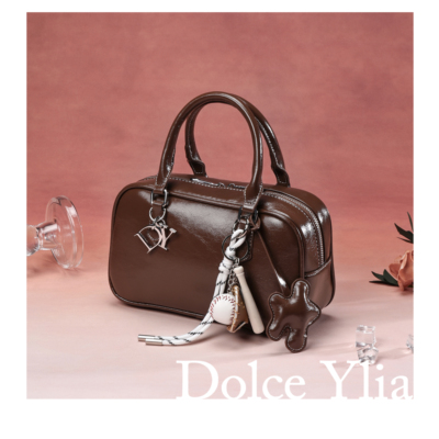 DolceYlia/蝶依保龄球包高级波士顿包轻奢通勤女士款焦糖棕托特包