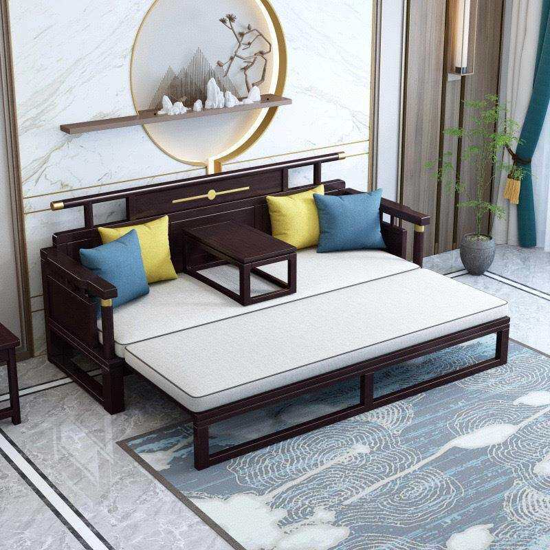 新中式实木沙发橡木罗汉床推拉两用沙发小户型家用酒店民宿沙发床