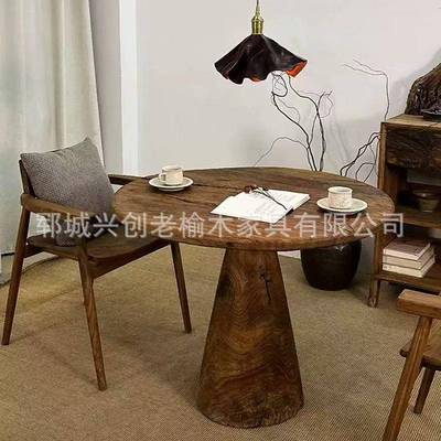 复古民宿小圆桌做旧老榆木原木实木餐桌诧寂风酒店阳台喝茶桌