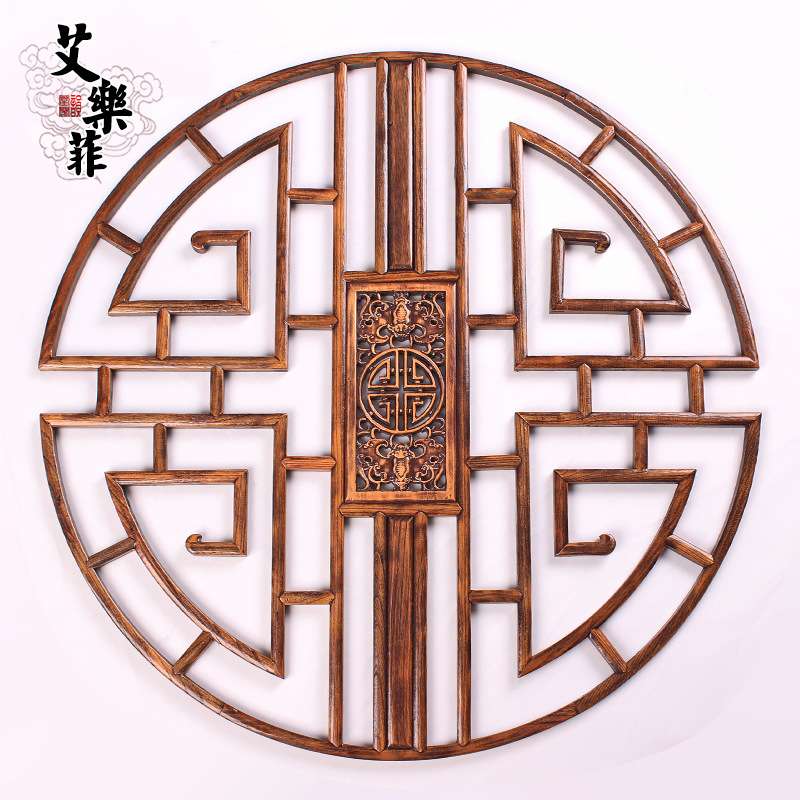 东阳木雕中式仿古实木雕刻榆木镂空圆形榫卯结构花窗花格通花挂件