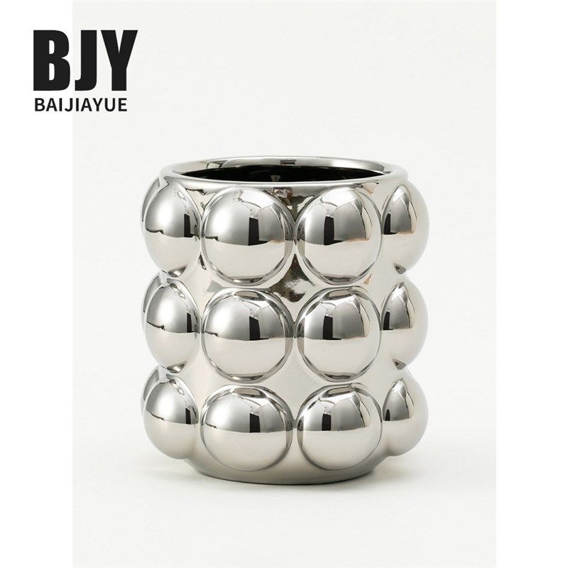 现代简约家居桌面创意珠泡陶瓷多肉花盆 收纳筒化妆笔桶盆器摆件