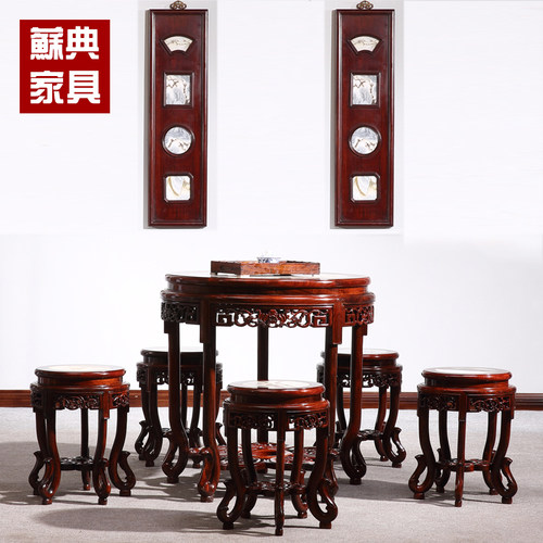红木非洲酸枝圆桌雕花云石圆台中式云石餐桌茶台苏作明清仿古家俱