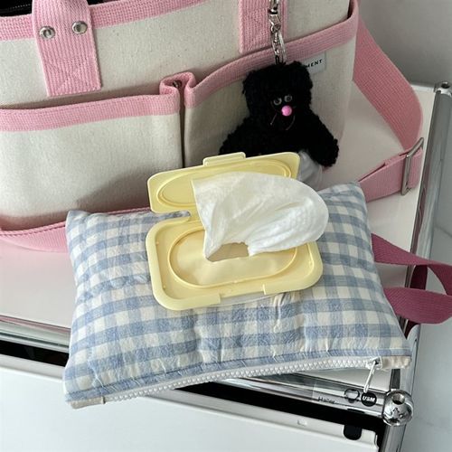 韩国ins全棉格子绗缝抽纸包纸巾收纳袋家用布艺湿巾包抽取式翻盖