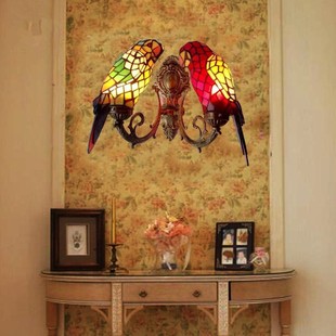 创意蒂凡尼厂家直销咖啡餐厅田园风格 卧室床头灯 双头鹦鹉壁灯家装