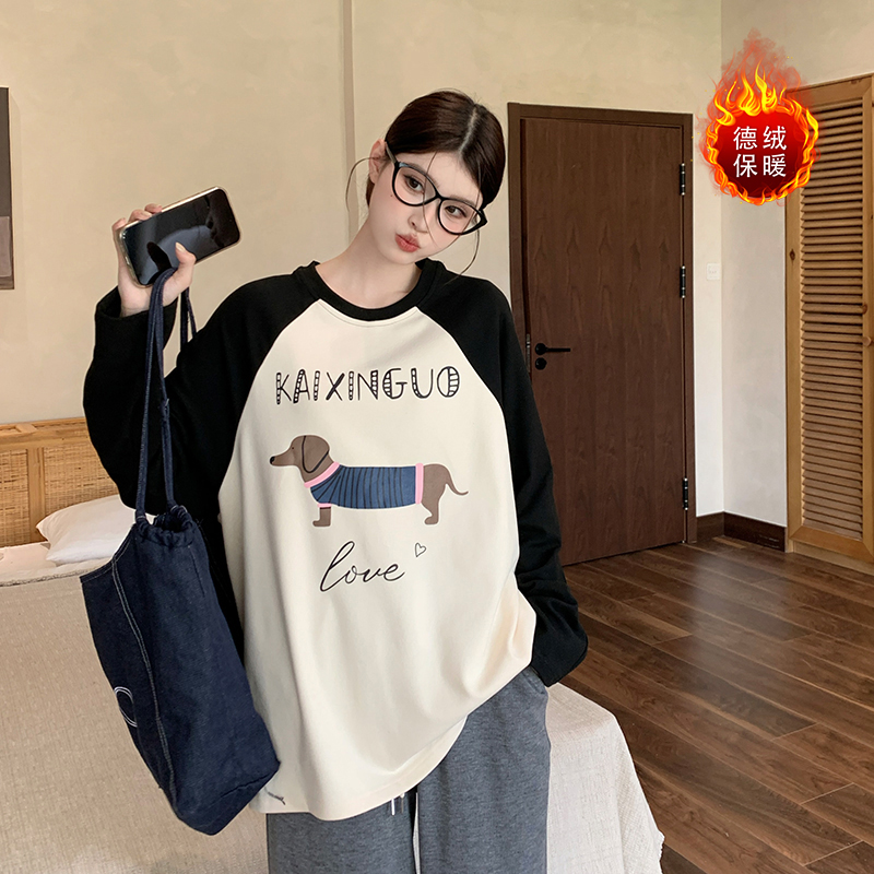 冬季双面德绒加厚大码女装圆领印花长袖打底T恤