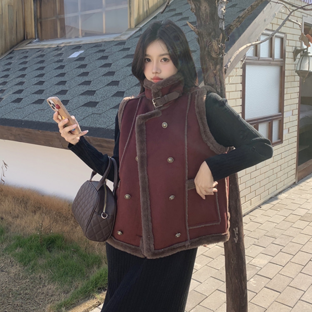 实拍大码女装秋冬皮毛一体外套洋气显瘦加绒加厚机车服马甲两件套