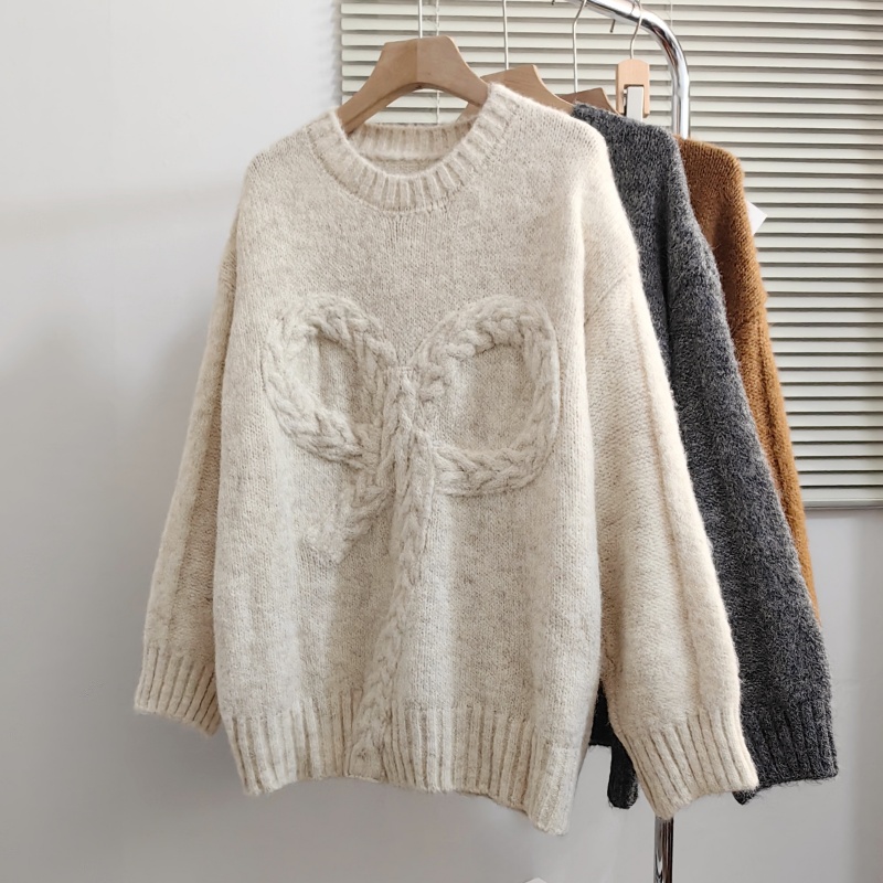 实拍大码女装麻花蝴蝶结套头毛衣秋冬胖MM慵懒风宽松显瘦针织上衣