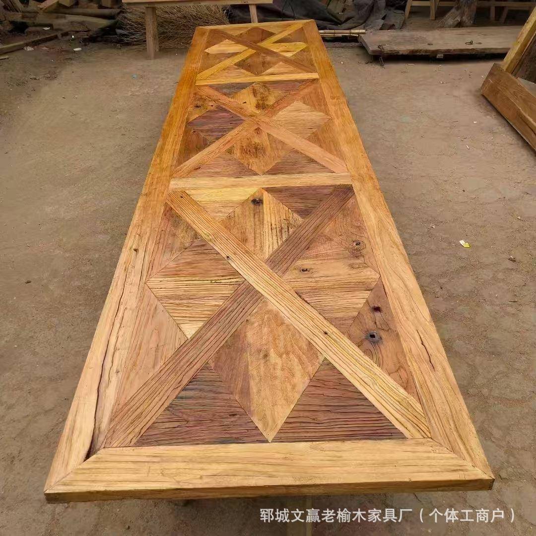 老榆木风化拼花桌面板家用八仙桌餐桌户外庭院茶台实木棋盘格茶桌