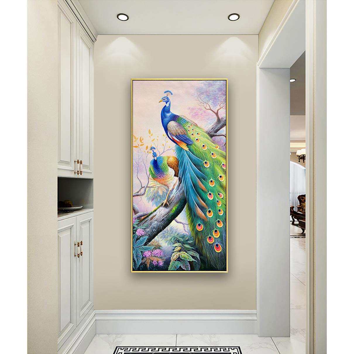 新中式手绘孔雀油画玄关装饰画客厅挂画美式过道竖版高端入户壁画