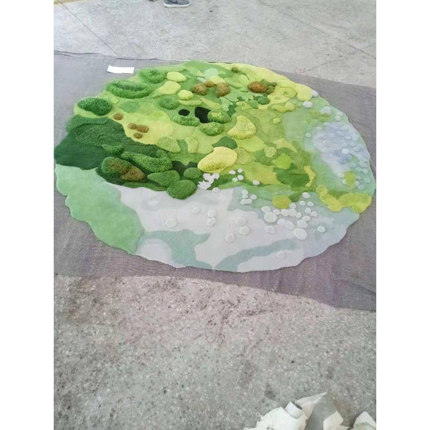 蓝绿色草坪高档手工地毯纯羊毛加厚长毛地毯风景图案厂家直销