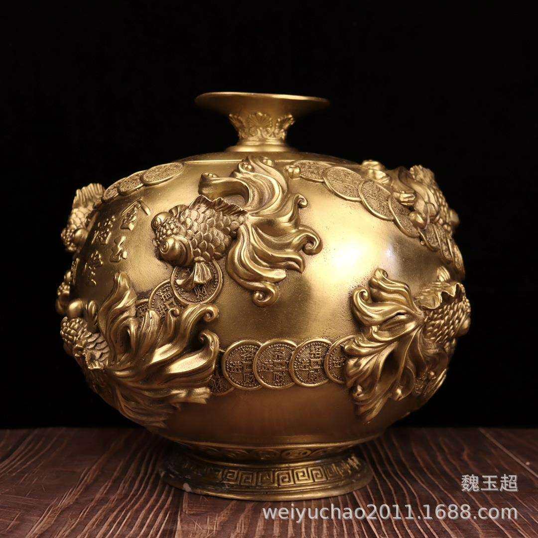 纯铜金玉满堂花瓶工艺品摆件花开富贵年年有余金鱼花瓶工艺品摆设