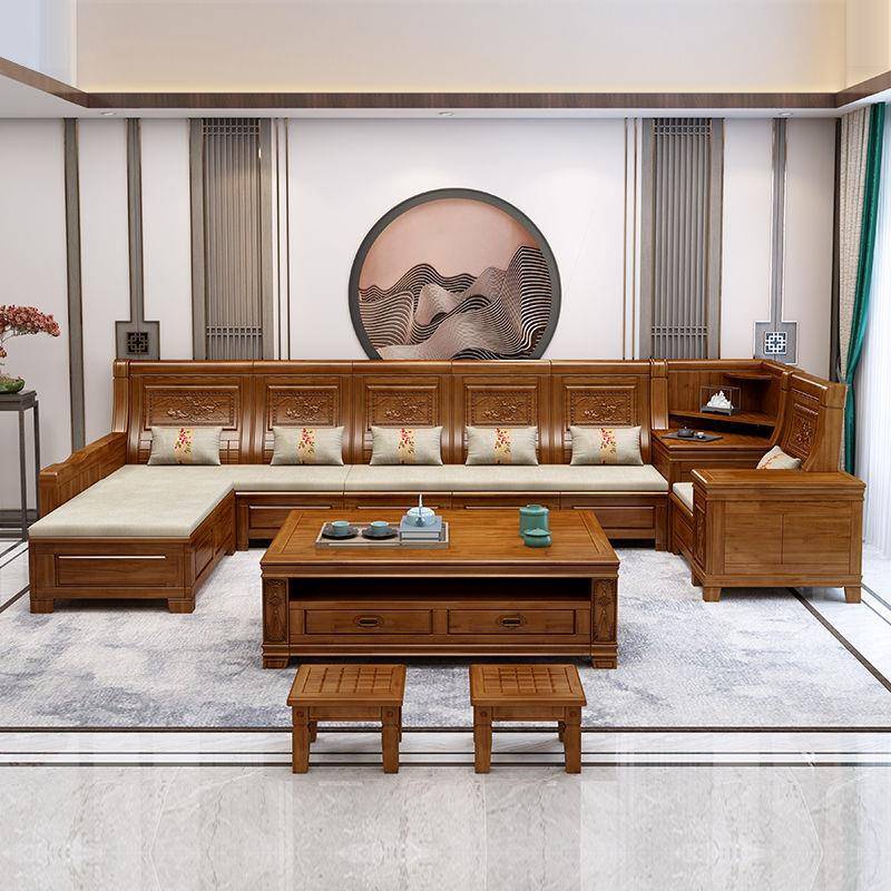 实木家具香樟木实木沙发组合中式雕花带储物客厅仿古明清古典家具
