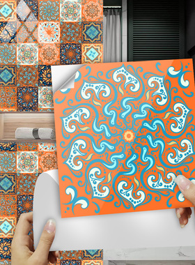 橙色欧式花纹仿瓷砖贴地板楼梯翻新浴室餐厅厨卫装饰画墙贴纸防水