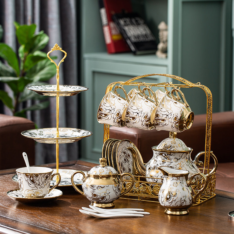 镀金陶瓷咖啡碟杯套装欧式小奢华6件套茶具茶杯杯V碟勺茶壶送架子