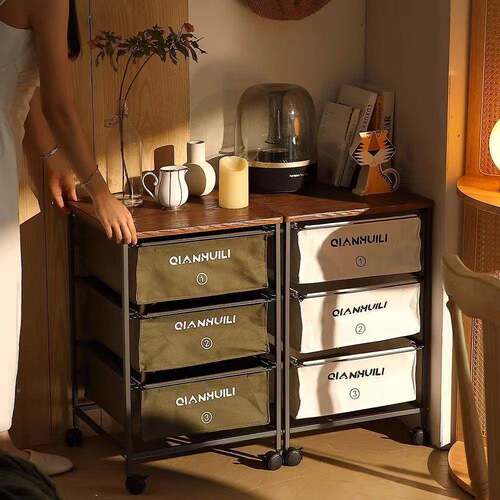 1简约风移物储物置架复古铁艺帆布组合抽屉式收纳柜卧室家用动柜