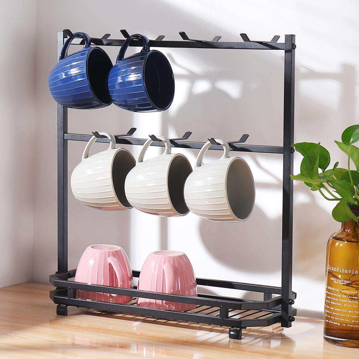 现货咖啡杯置物架免打孔铁艺马克杯挂架厨房倒挂茶杯三层收纳架子