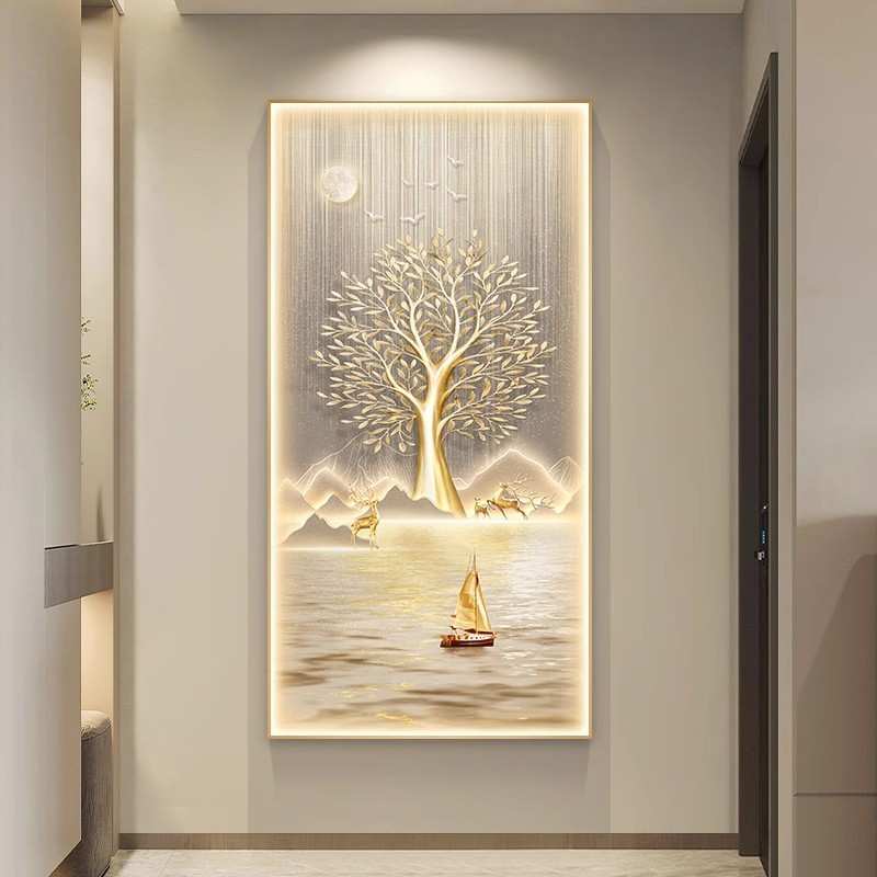 2024新款轻奢入户玄关装饰画发财树挂画进门生财过道走廊尽头壁画