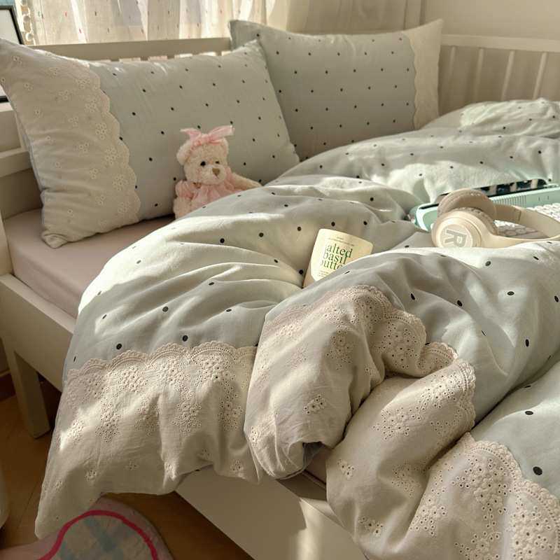 海盐拿铁蕾丝花边床上用品四件套水洗棉被套床单三件套植物羊绒