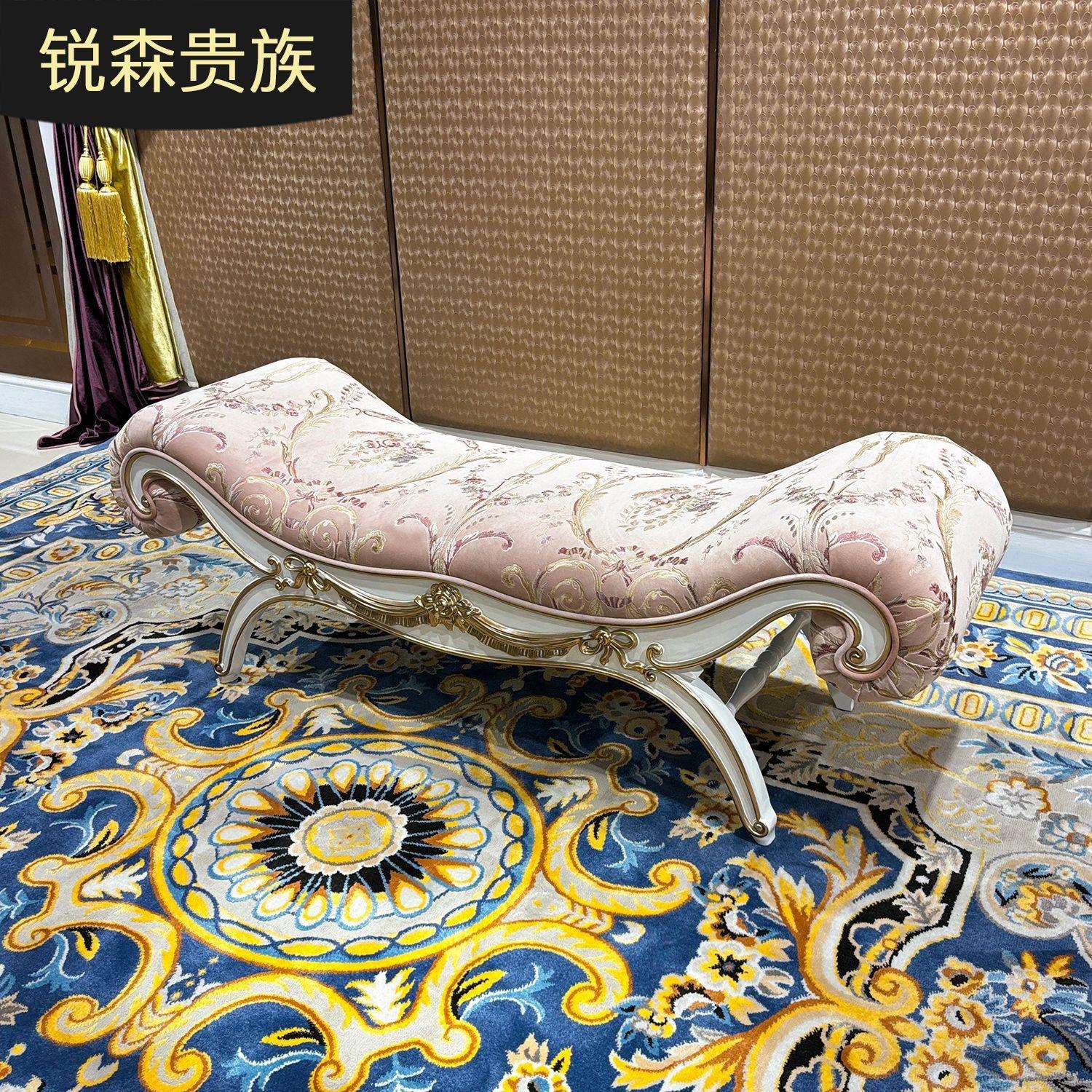 锐森贵族法式床尾凳欧式刺绣贵妃凳实木长条凳床尾沙发布艺凳