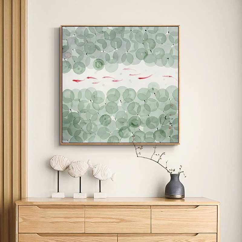 新中式青绿色荷花九鱼图客厅挂画日式小清新沙发后餐厅卧室床头画