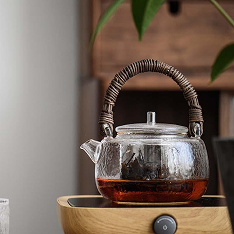 天然藤编玻璃提梁壶复古手工锤纹煮茶壶电陶炉烧水壶煮茶器