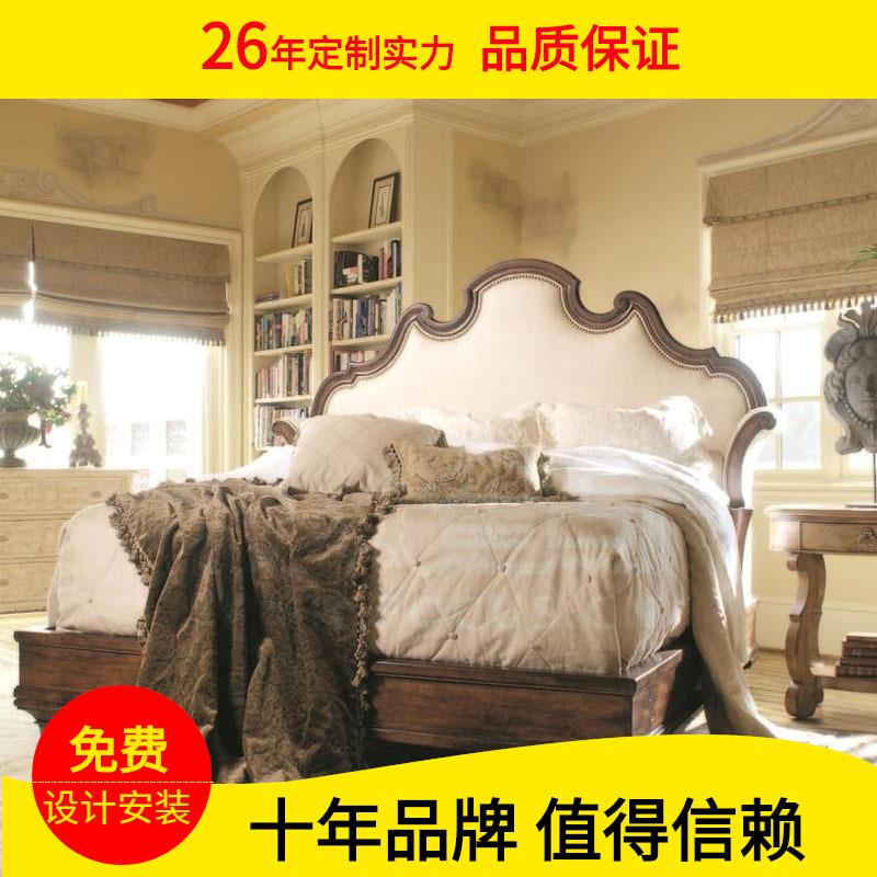 出口美式乡村实木床1.8米双人床高靠背婚床欧式创意复古橡木床1.5