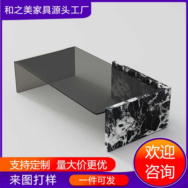 中古极简现代简约玻璃大理石茶几设计师白长方形茶桌几创意
