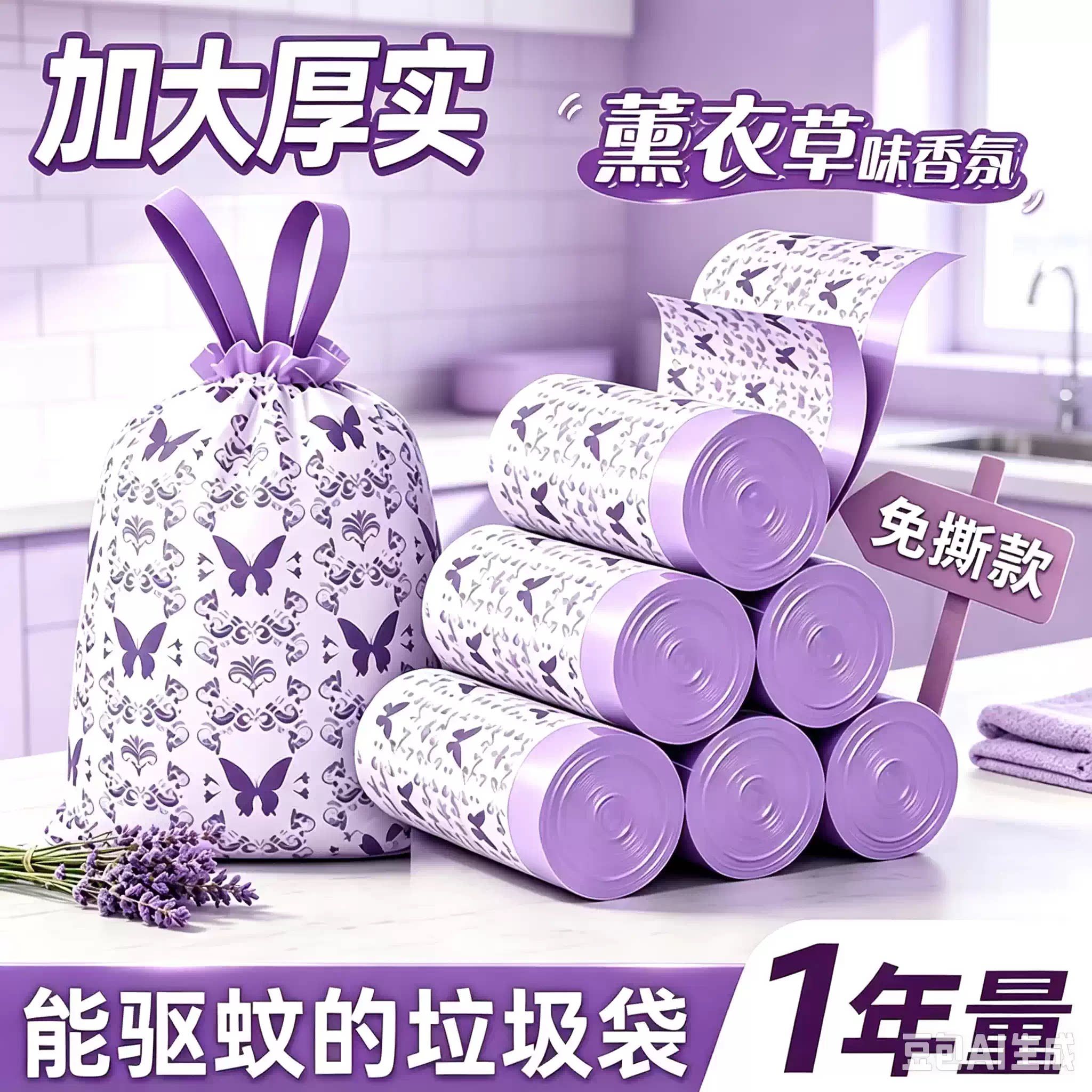 薰衣草香氛免撕抽绳垃圾袋加大加厚手提家用厨房客厅清洁收口HF4
