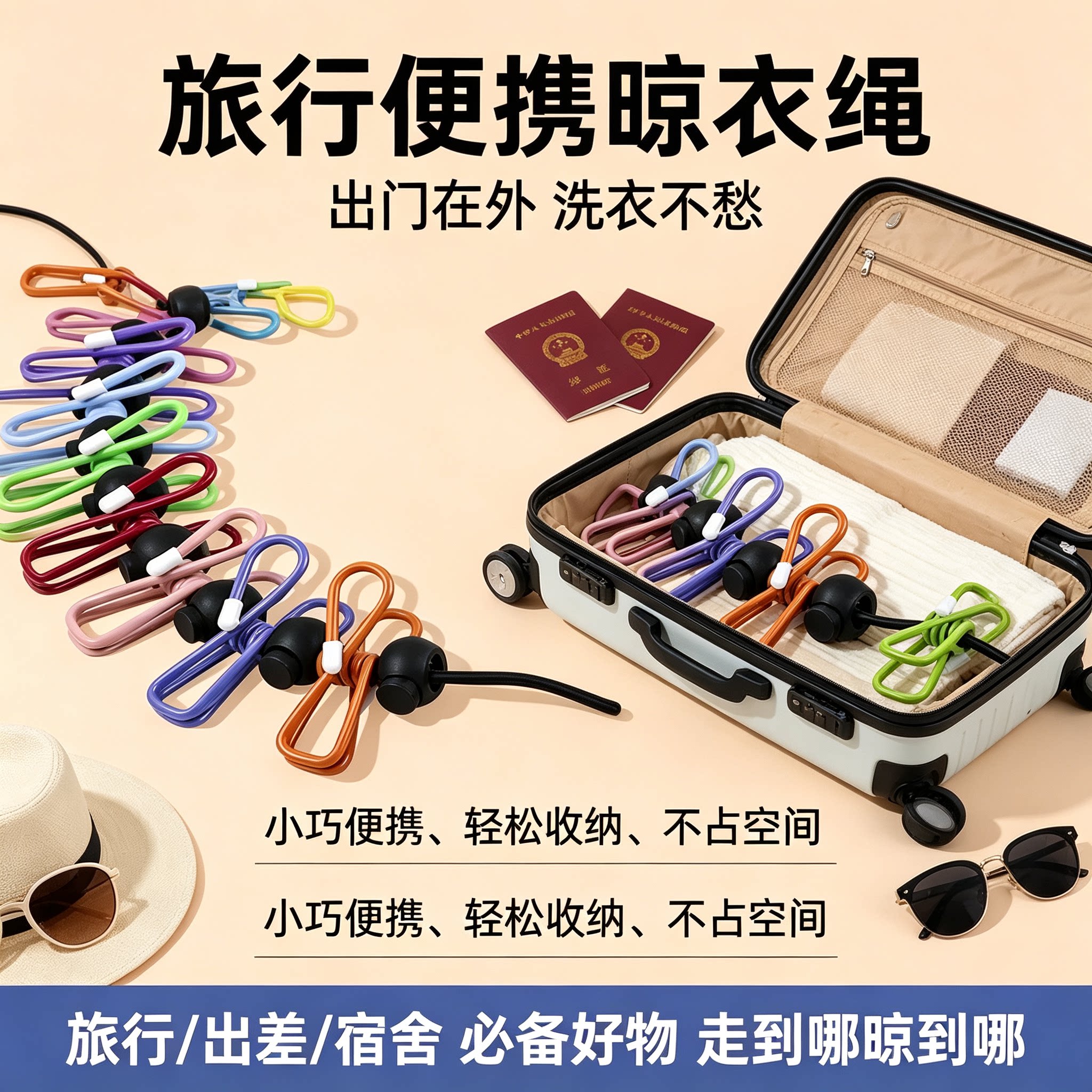 【爆款】旅行便携户外带夹晾衣绳可伸缩防风晒衣绳露营晾衣架WL