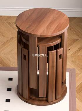 可叠放凳现代吃饭登子餐桌凳原木新中式叠叠乐实木圆凳子茶几家用