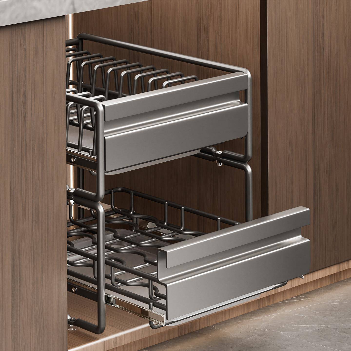 不锈钢抽屉式碗篮厨房橱柜内双层抽拉蓝收纳装碗碟拉篮橱柜拉篮