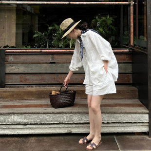 短裤 女夏慵懒松弛宽松简约高端棉麻衬衫 两件套 套装 老钱风亚麻衬衫