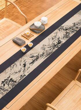 新名茶席千里江山富居山名画茶席春款防水桌中式画禅意旗茶道零配