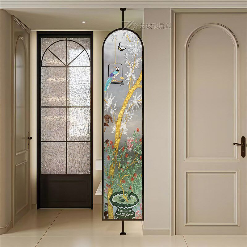 手工珐琅彩珐琅彩纯o手绘艺术玻璃客厅隔断遮挡旋转屏风宋代美学