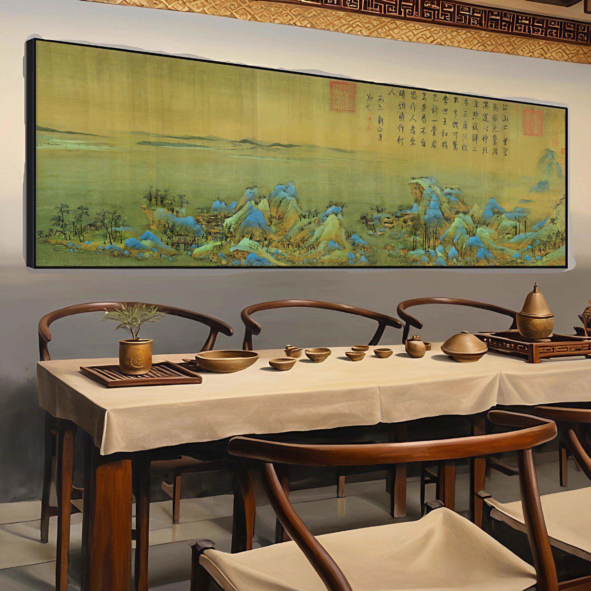 千里江山图画98144418茶背景室墙山挂水画客厅装饰公画室十大名画