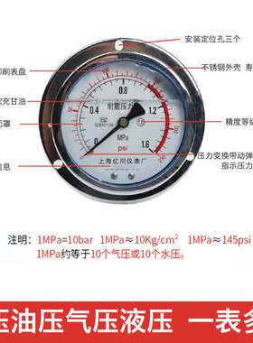 yn100zt轴向带边耐震压力表0-0.6/1.6/25/40/60mpa背接面板式安装