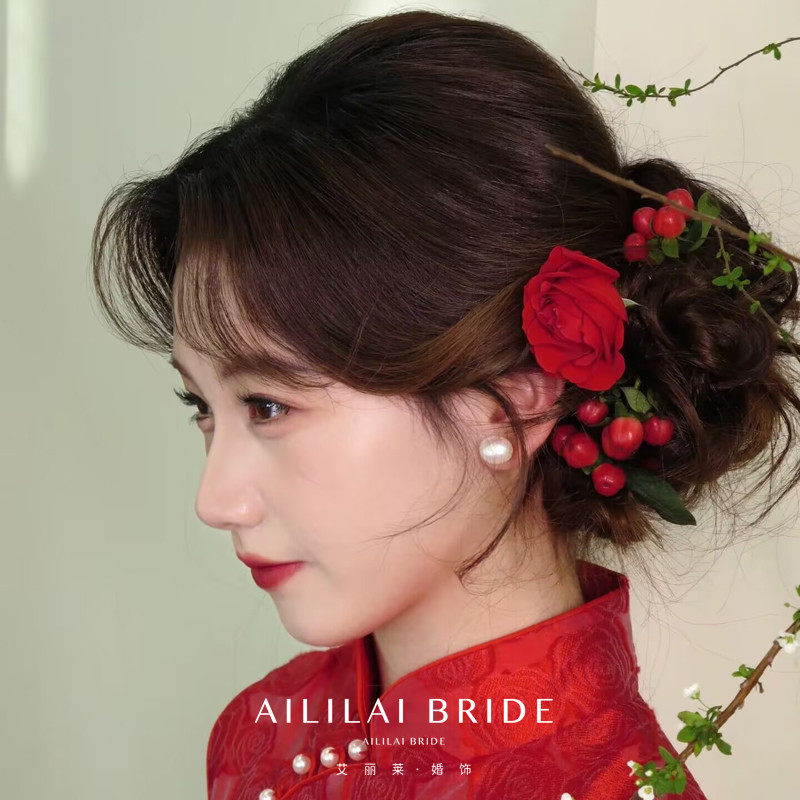 复古新娘中式头饰红色玫瑰花果子发夹晨袍旗袍敬酒服订婚礼服发饰