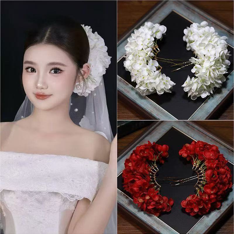 新品森系白色绣球花朵发簪新娘结婚纱头饰配饰摄影高级感百搭发饰