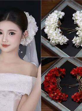 新品森系白色绣球花朵发簪新娘结婚纱头饰配饰摄影高级感百搭发饰