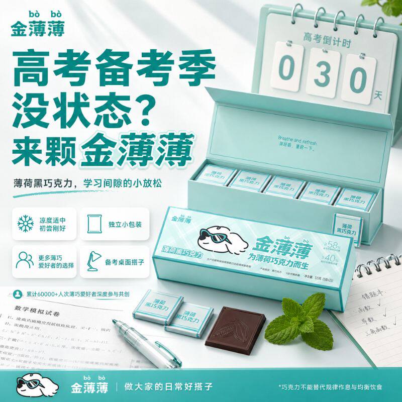 薄荷黑巧克力可可脂清凉不犯困办公室零食学生备考独立包装礼盒