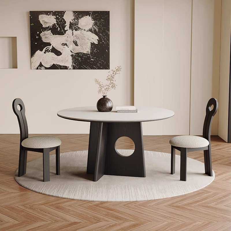 白色岩板餐桌法式复古风家用圆桌黑色白蜡木轻奢高端圆形实木餐桌,3C数码配件,USB灯,淘宝优惠券,粉丝福利购,淘宝优惠卷