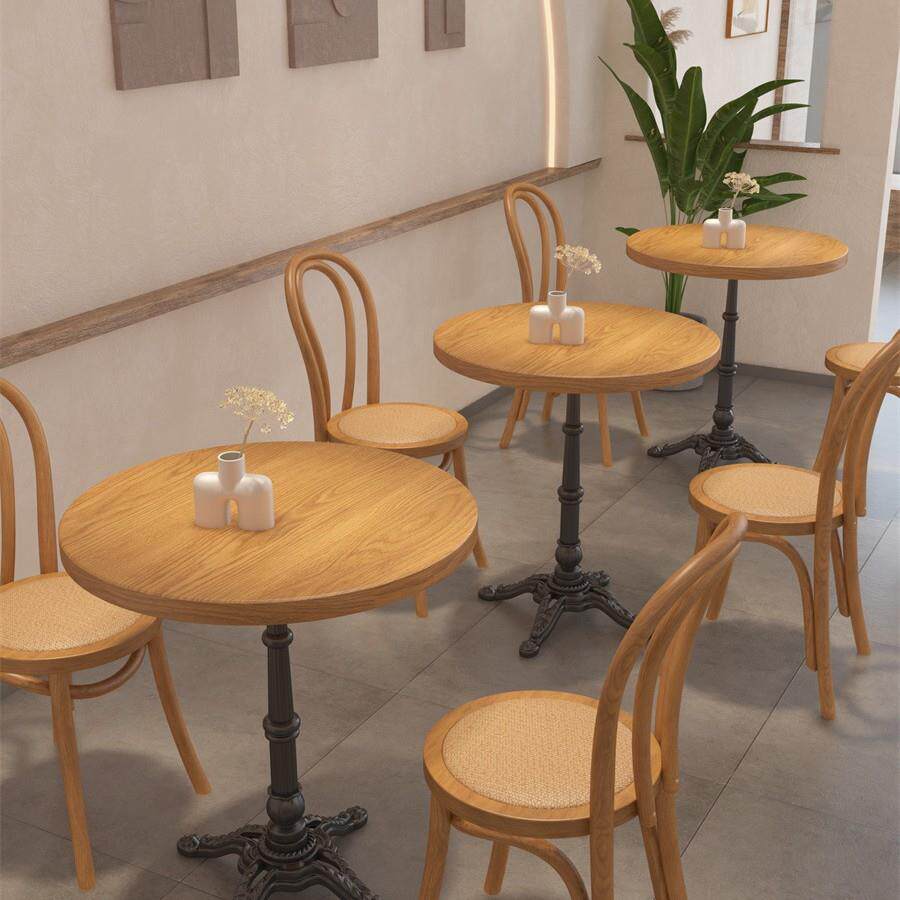 美式复古藤编桌椅组合西餐厅休闲小圆桌商用小酒馆茶楼实木餐桌椅